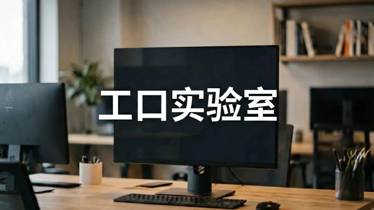 工口实验室品牌介绍页顶部主视觉，展示平台名称标识与编辑团队工作场景