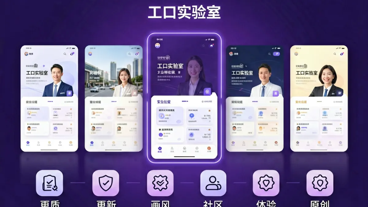 工口实验室与多个同类平台的对比横评封面图，展示各平台界面风格与内容质量差异