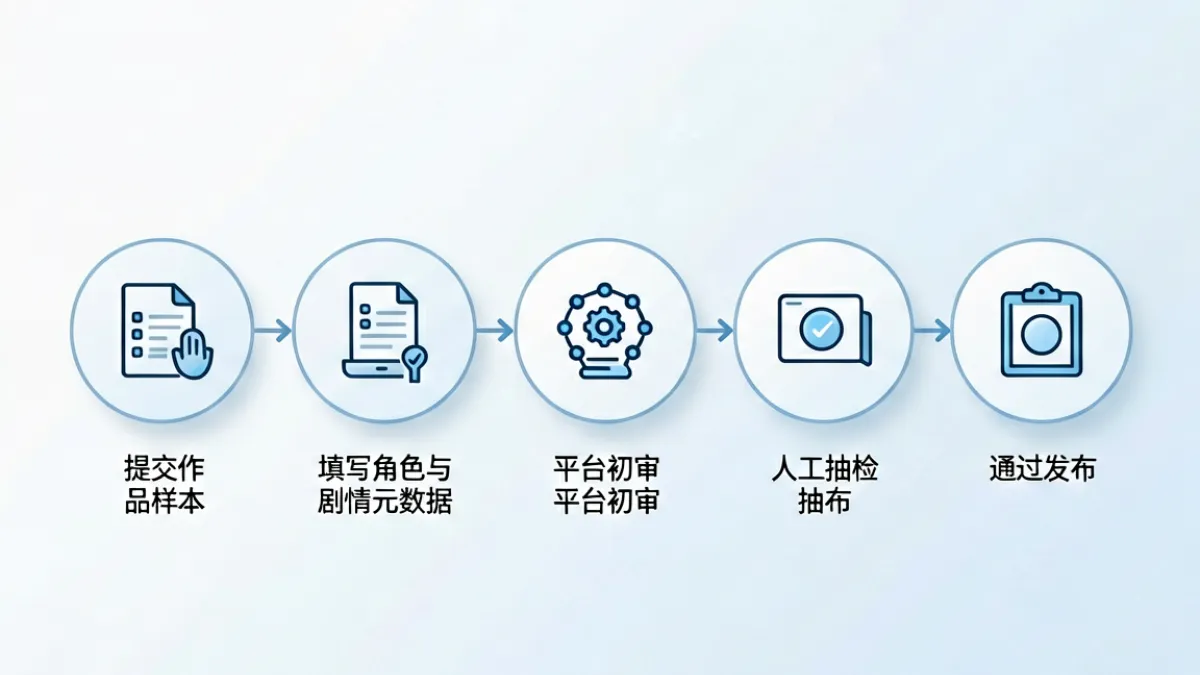 工口实验室创作者投稿审核流程图，展示从作品提交到审核通过的各个环节与注意事项
