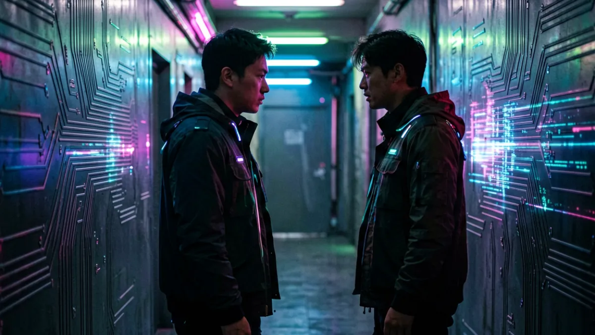 工口实验室悬疑向作品场景截图，主角在昏暗走廊对峙的紧张画面